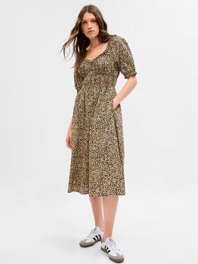 GAP Puff Sleeve Midi Dress Small Petite Khaki Tan Black Floral Smocked Pockets